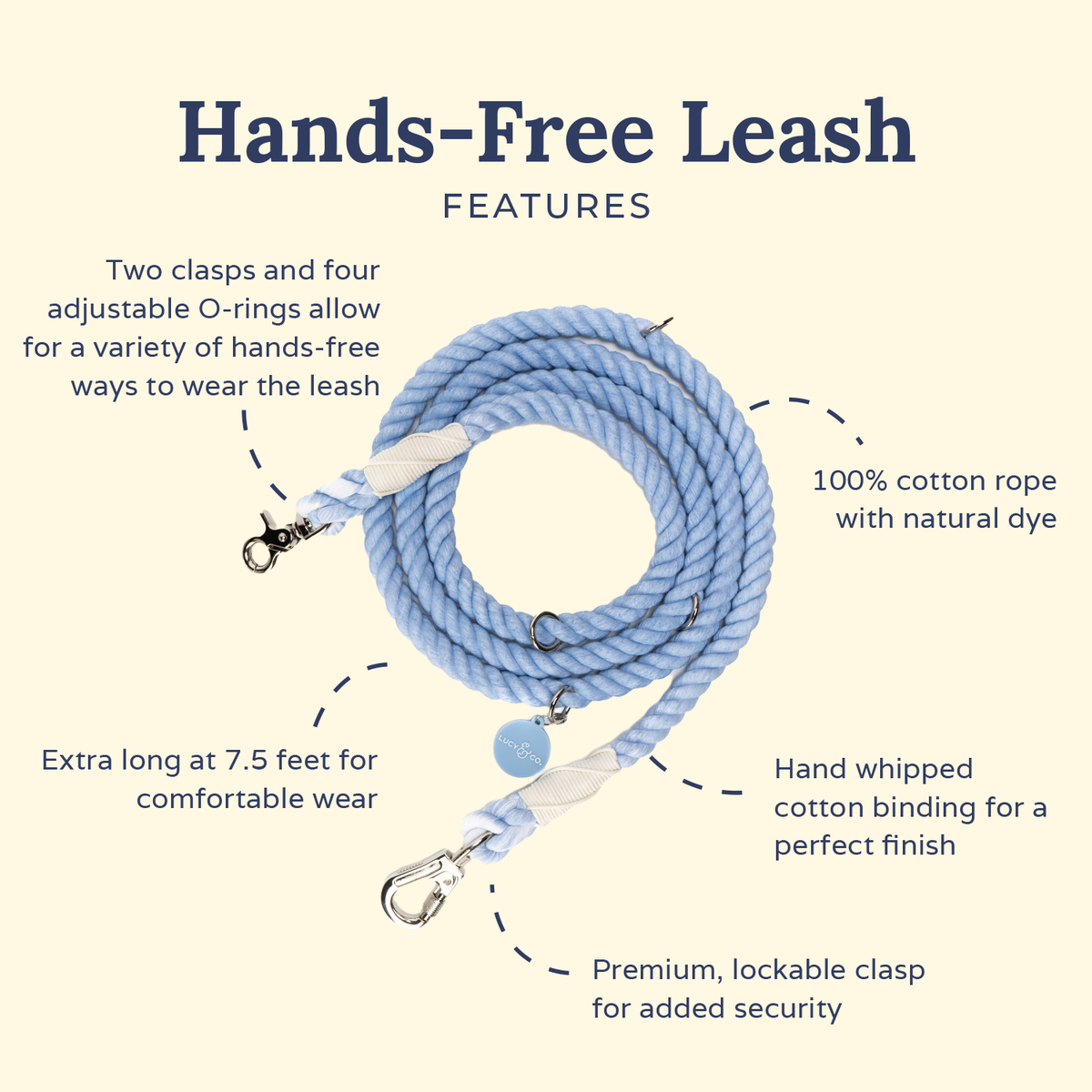 Trapper Rope Leash The Denim Blue Hands-Free Rope Leash | Lucy & Co.