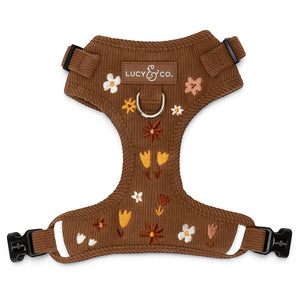 Lucy & Co. Chocolate Meadows brown corduroy dog harness with embroidered floral pattern and front leash attachment