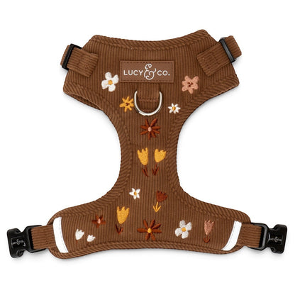 Lucy & Co. Chocolate Meadows brown corduroy dog harness with embroidered floral pattern and front leash attachment