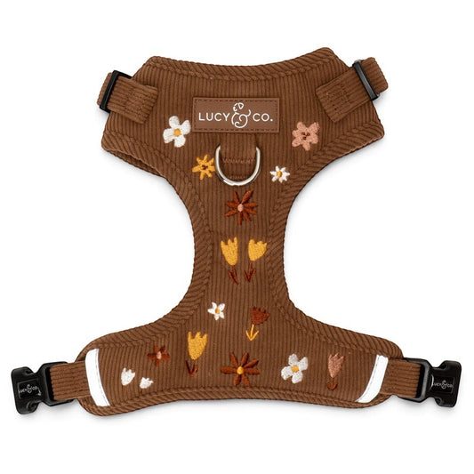 Lucy & Co. Chocolate Meadows brown corduroy dog harness with embroidered floral pattern and front leash attachment