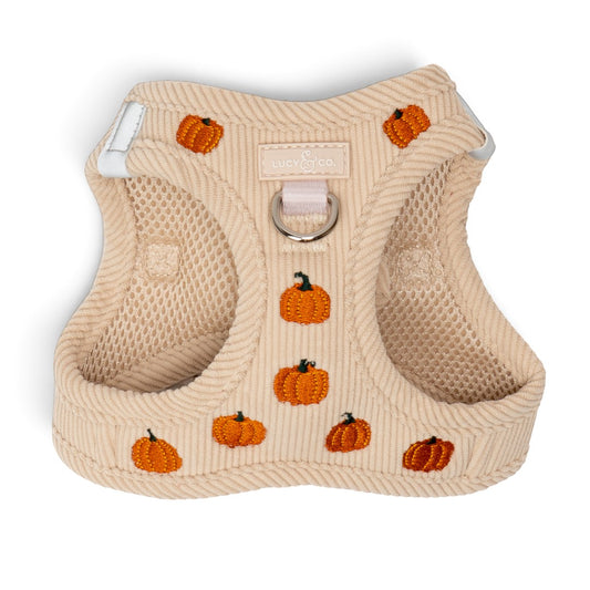 Lucy & Co. beige corduroy step-in cat harness with embroidered pumpkin print and breathable mesh lining