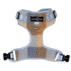 Lucy & Co. blue and tan plaid fleece no-pull dog harness with adjustable straps and front leash attachment point.