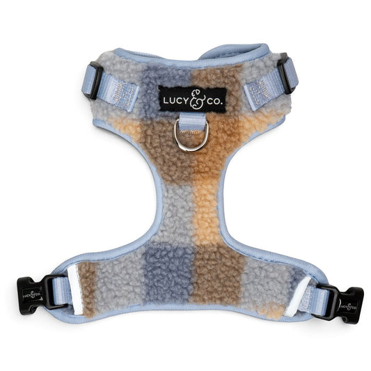 Lucy & Co. blue and tan plaid fleece no-pull dog harness with adjustable straps and front leash attachment point.
