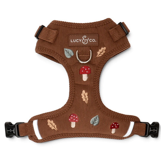 Lucy & Co. brown corduroy dog harness featuring embroidered toadstools and leaves with front leash attachment point.