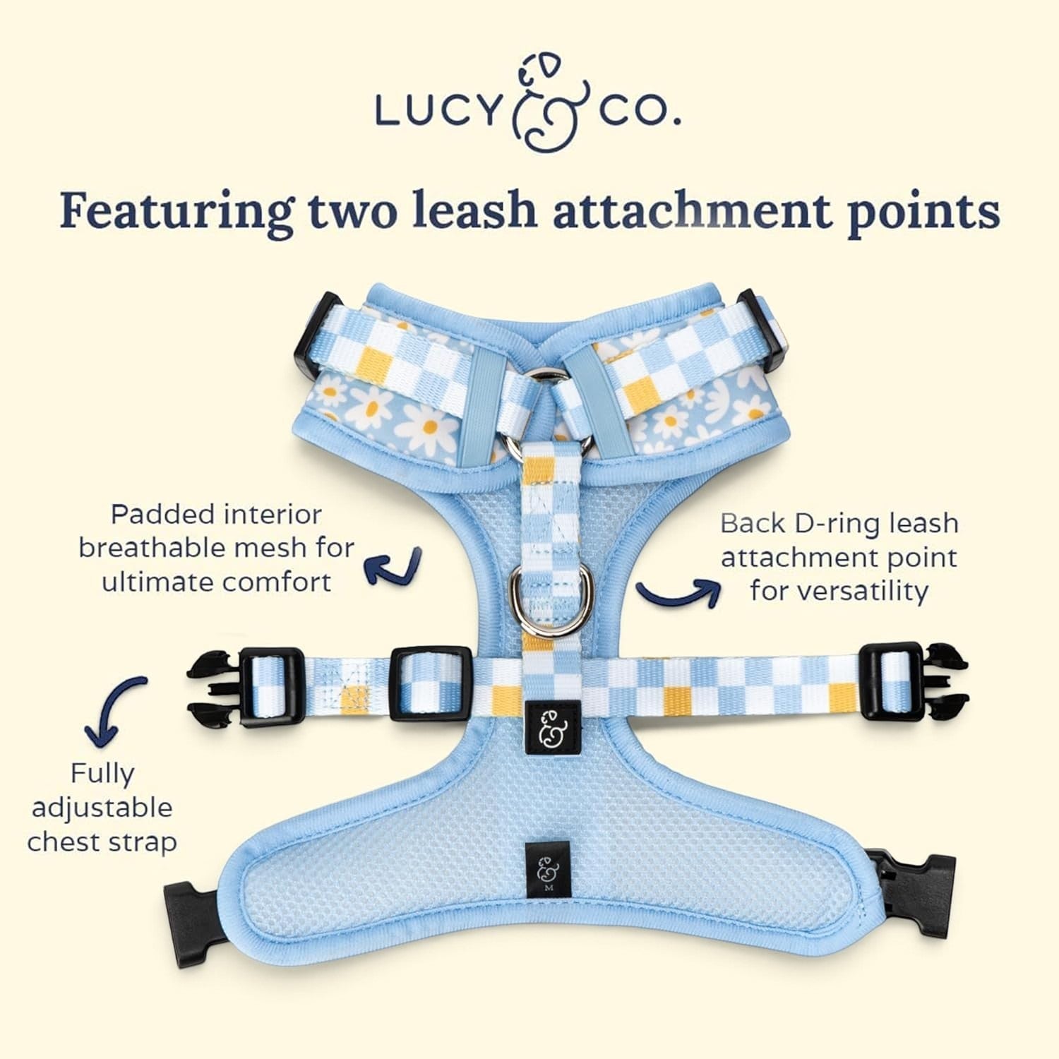 Lucy & Co. Simply Splendid no-pull dog harness in light blue with daisy print, featuring adjustable straps and mesh.