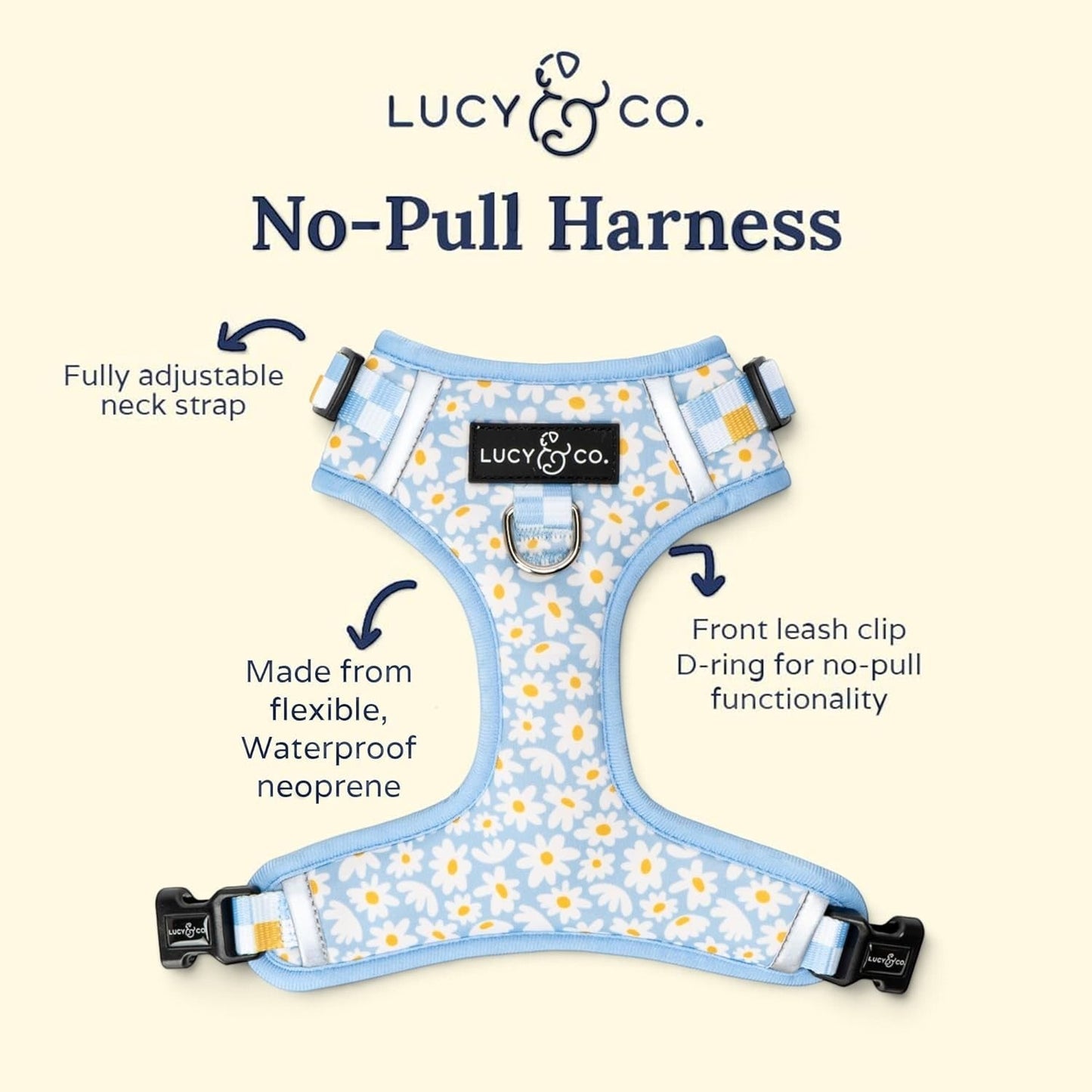 Lucy & Co. Simply Splendid daisy print neoprene no-pull dog harness with adjustable straps and front leash D-ring