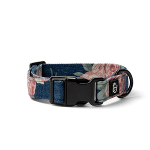 Lucy & Co. Smell the Roses dog collar featuring a floral print on blue denim with black hardware