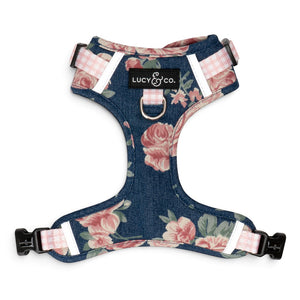 Lucy & Co. Smell the Roses denim dog harness with floral print, front leash attachment, and adjustable straps.