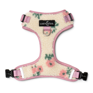 Lucy & Co. In Full Bloom teddy fleece dog harness with floral print, pink trim, and front leash attachment point.