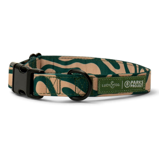 Lucy & Co. x Parks Project Geyser dog collar in green and beige wavy print with durable black hardware