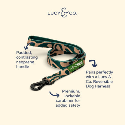 Lucy & Co. x Parks Project Geyser dog leash with tan and green print, padded neoprene handle, and lockable carabiner.