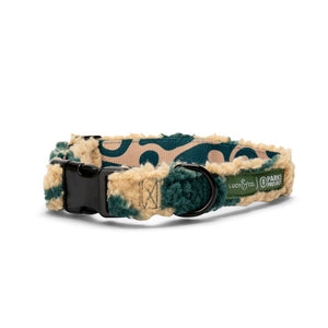 Lucy & Co. x Parks Project Geyser fleece dog collar in green and beige with durable black hardware