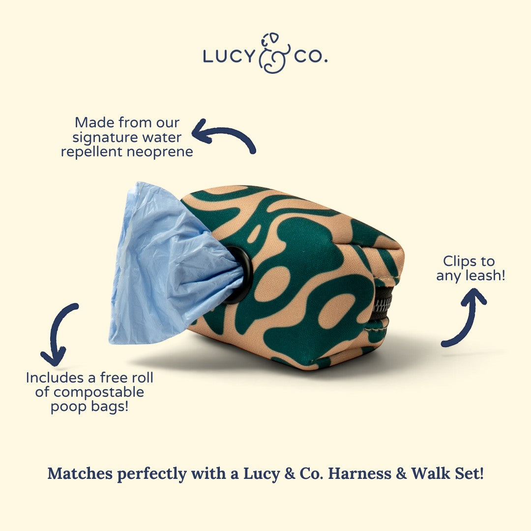 Lucy & Co. x Parks Project Geyser poop bag holder in green and tan neoprene with a patterned design.