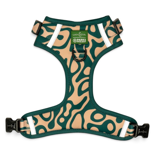 Lucy & Co. x Parks Project Geyser no-pull dog harness in green and tan abstract print with reflective trim