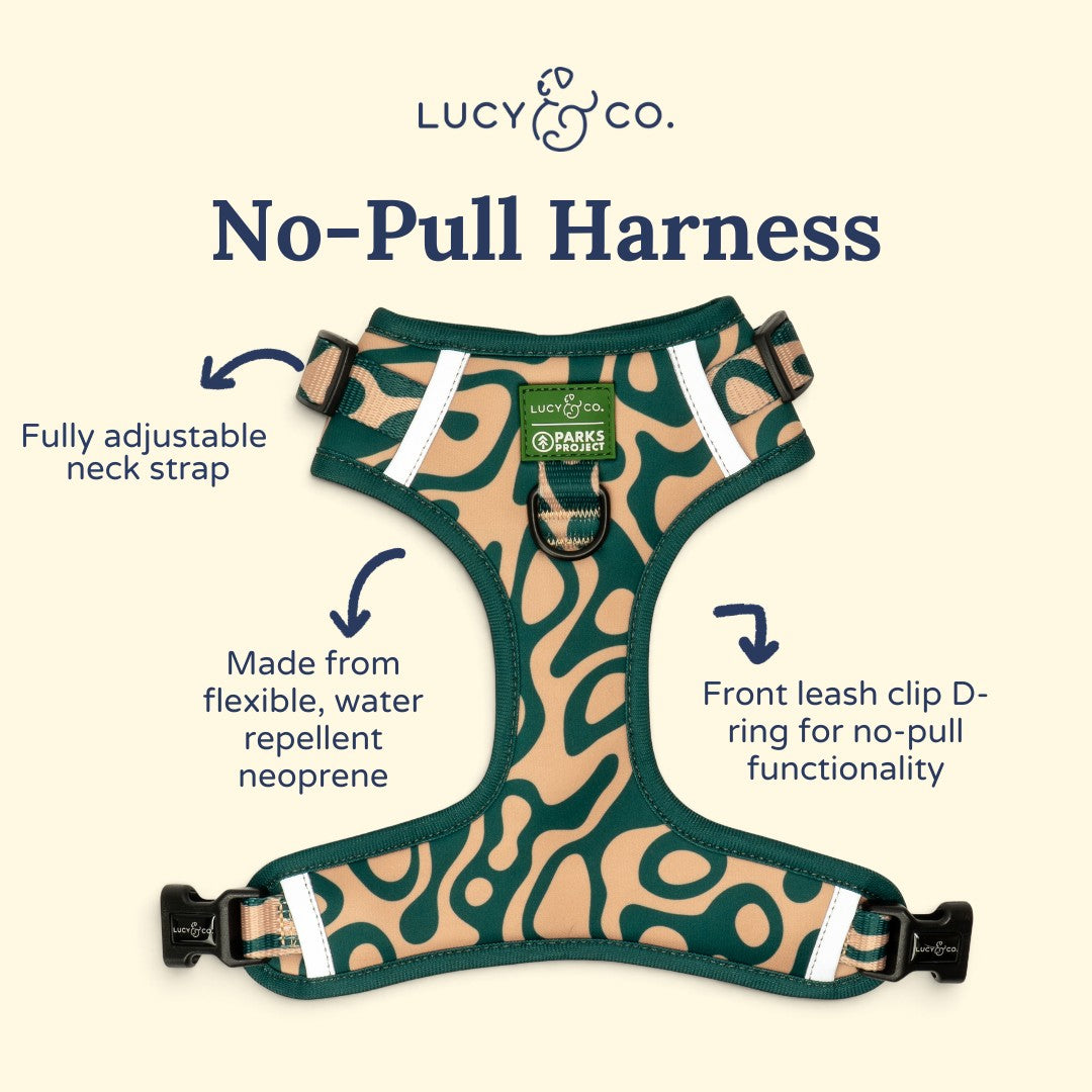 Lucy & Co. x Parks Project Geyser no-pull dog harness in green and tan abstract print with front and back D-rings.