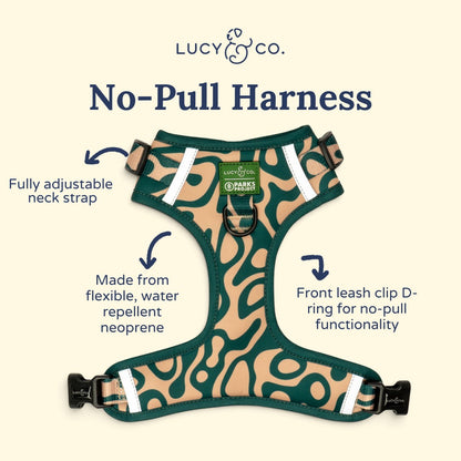 Lucy & Co. x Parks Project Geyser no-pull dog harness in green and tan abstract print with front and back D-rings.