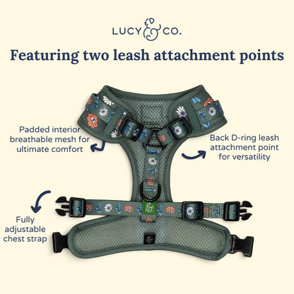 Lucy & Co. x Parks Project green floral no-pull dog harness with breathable mesh and dual leash attachment points.