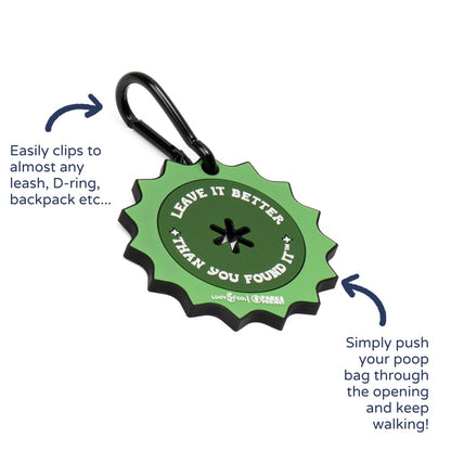 Lucy & Co. green rubber poop bag clip with Leave it Better text and a black metal carabiner for dog leashes.