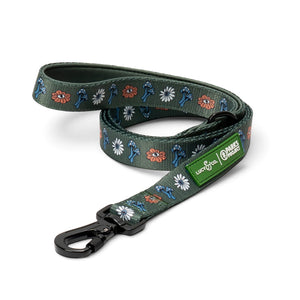 Lucy & Co. Power to the Parks dog leash in olive green with mushroom and flower print and a black locking carabiner