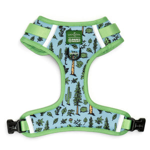 Lucy & Co. x Parks Project dog harness in light blue with a green nature print, featuring front and back D-rings.