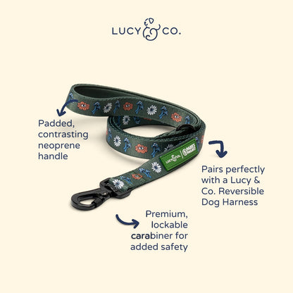 Lucy & Co. Power to the Parks dog leash in dark green with floral print, padded neoprene handle, and lockable clasp.