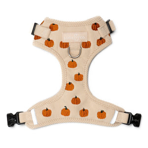 Lucy & Co. beige corduroy dog harness featuring an embroidered pumpkin pattern and front leash attachment point.