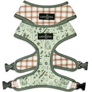 Lucy & Co. Camp Out reversible dog harness in sage green nature print and brown plaid neoprene