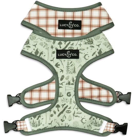 Lucy & Co. Camp Out reversible dog harness in sage green nature print and brown plaid neoprene
