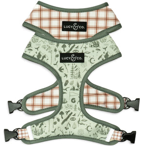 Lucy & Co. Camp Out reversible dog harness featuring a green nature print on one side and a plaid pattern on the other