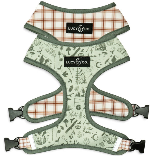 Lucy & Co. Camp Out reversible dog harness featuring a green nature print on one side and a plaid pattern on the other