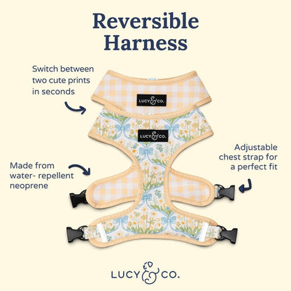 Lucy & Co. reversible dog harness with floral print and yellow gingham pattern, made from water-repellent neoprene.