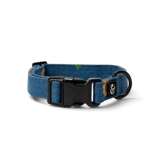 Lucy & Co. Sunflower Power dog collar in blue denim with yellow sunflower print and black hardware.