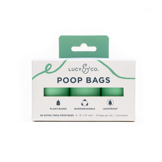 Compostable, biodegradable, thick, dog waste bags by Lucy & Co. Subscribe and save.