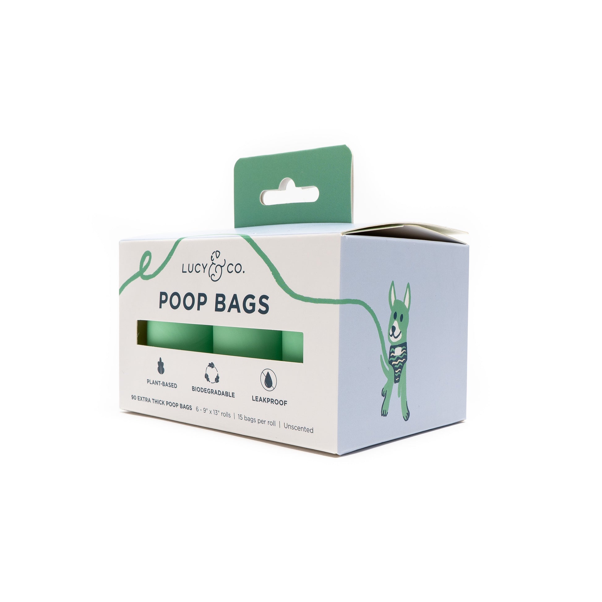 Compostable, biodegradable, thick, dog waste bags by Lucy & Co. Subscribe and save.
